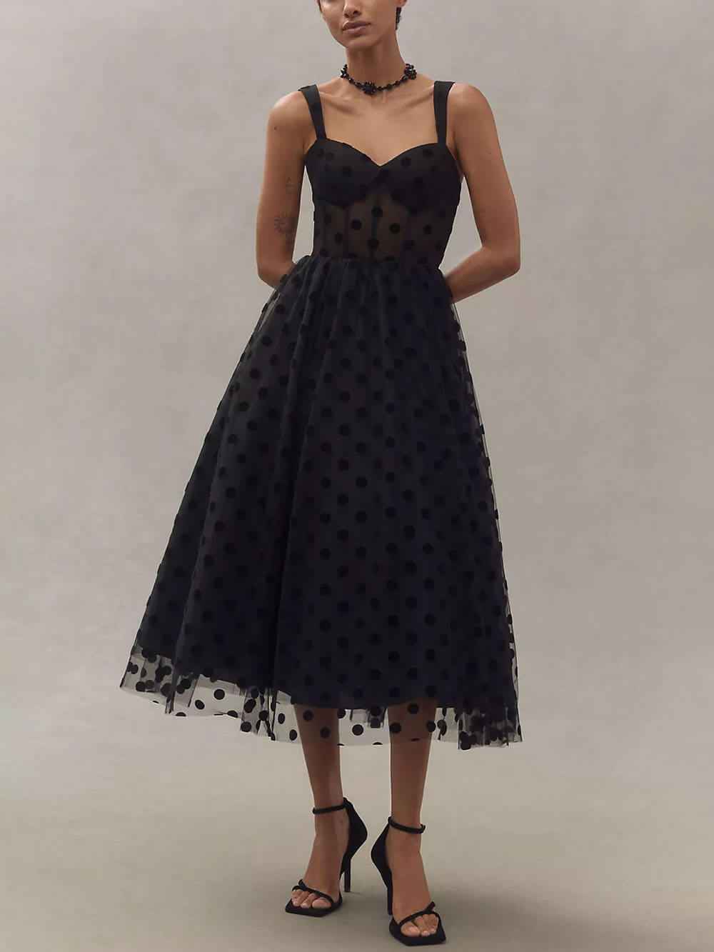 Women's A-Line Midi Dress with Tulle Polka Dot Sweetheart Bustier