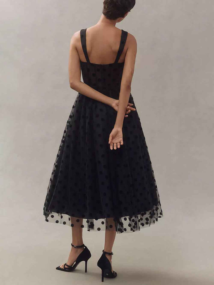 Women's A-Line Midi Dress with Tulle Polka Dot Sweetheart Bustier