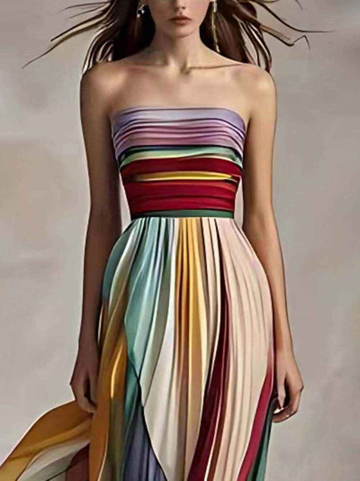 Women's Off-Shoulder Striped Pleated Maxi Dress