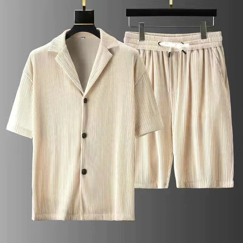 Men's Polo and Shorts Set – Relaxed Fit – Ribbed Texture – Breathable Fabric Beige
