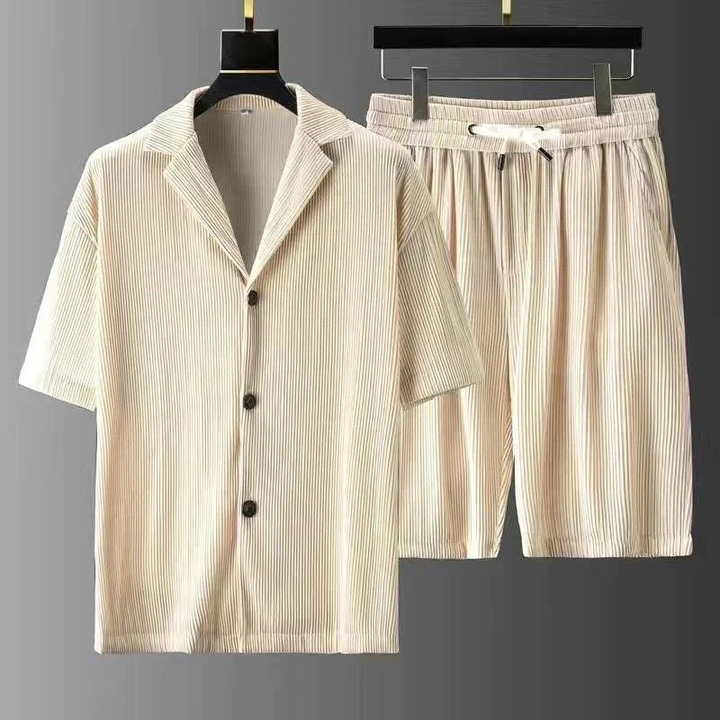 Men's Polo and Shorts Set – Relaxed Fit – Ribbed Texture – Breathable Fabric Beige