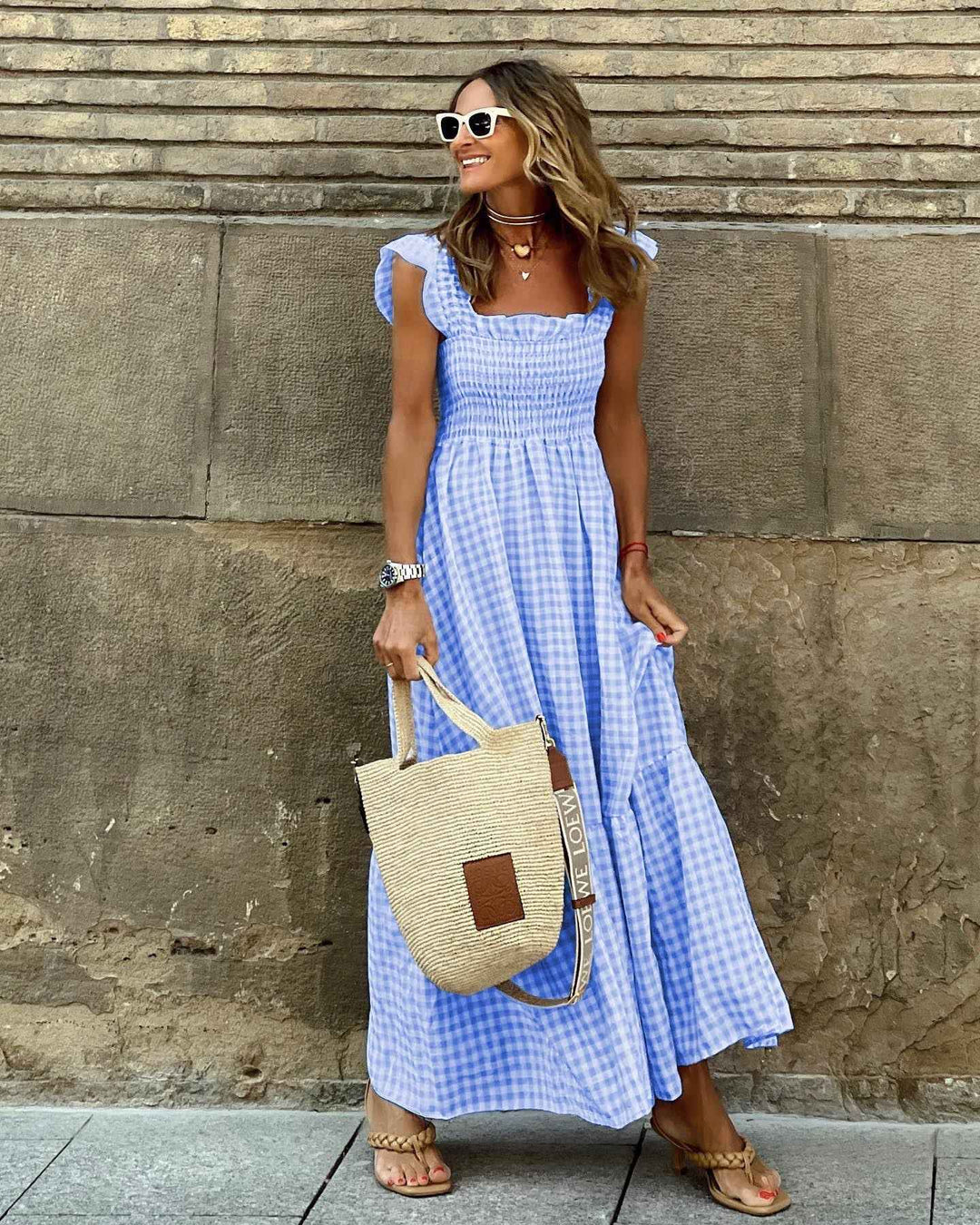 Christine | Elegant Sleeve Smocked Maxi Dress Blue