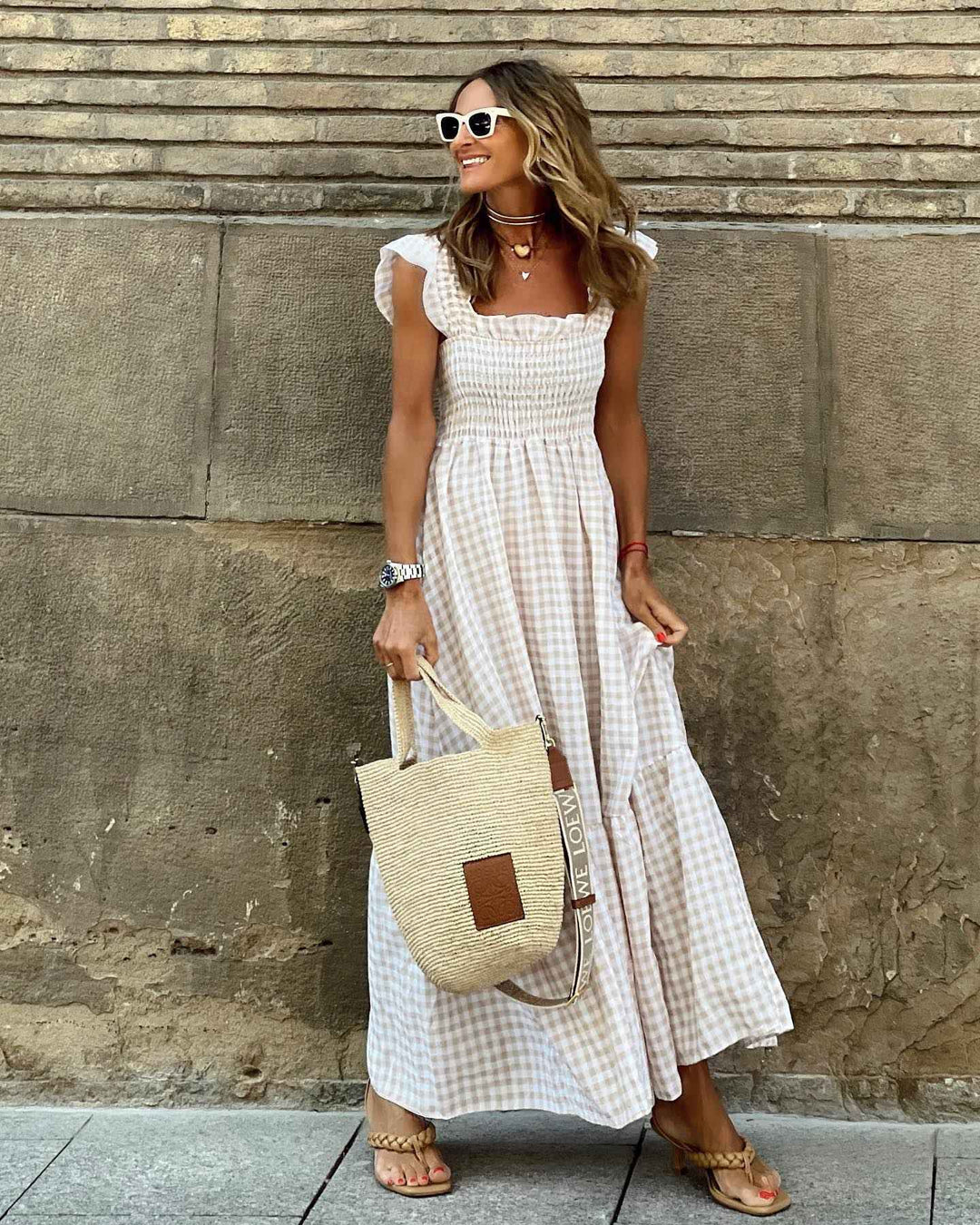 Christine | Elegant Sleeve Smocked Maxi Dress Beige