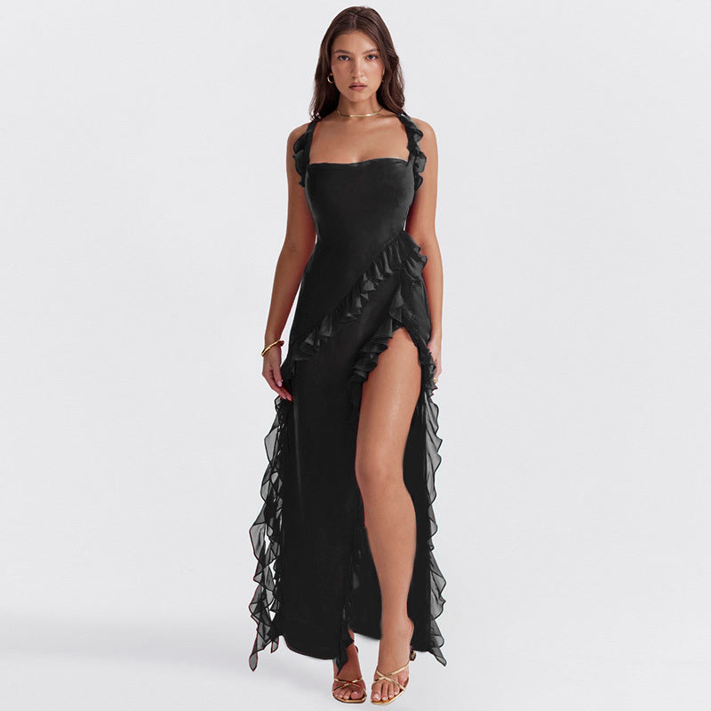 Women's Elegant One-Shoulder Evening Dress with Ruffles and High Slit Black (Only 5 Left in Stock)