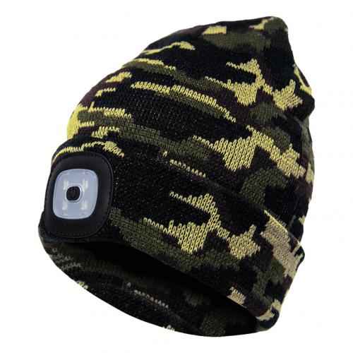 BrightBeam LED Knit Hat - Light-Up Knitted Beanie with Button Cell Power Camouflage green C