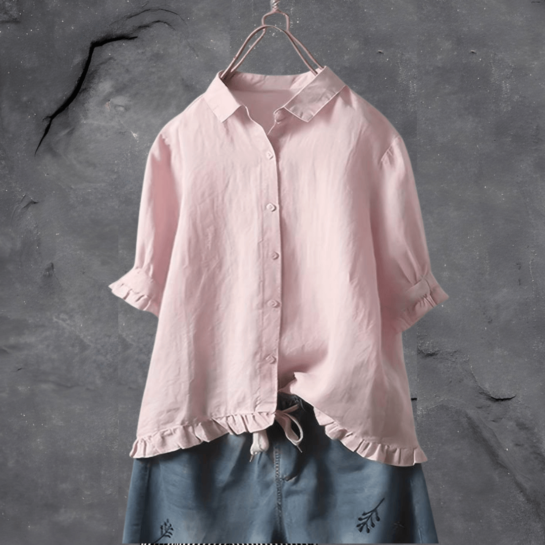 Blusa de Senhora com Folhos e Botões à Frente