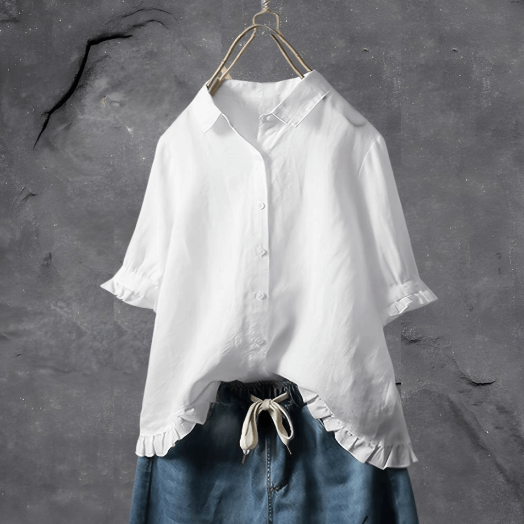 Blusa de Senhora com Folhos e Botões à Frente