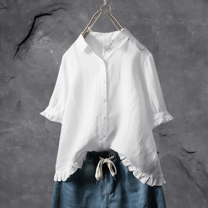 Blusa de Senhora com Folhos e Botões à Frente