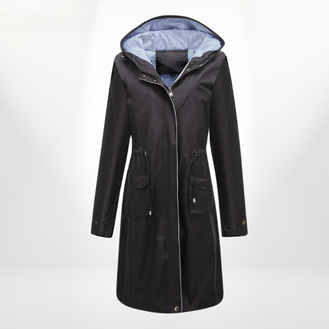 Women's Long Rain Trench Coat - Waterproof & Stylish Black