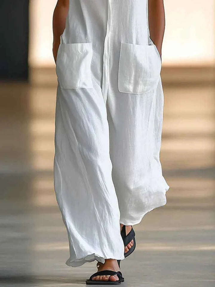 Women's Relaxed Cotton Wide Leg Sleeveless Jumpsuit with Pockets