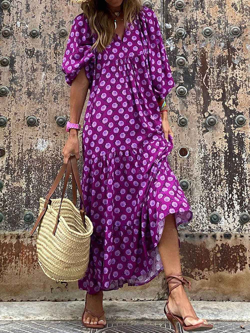 Women's Bohemian Maxi Dress with Vibrant Prints Purple