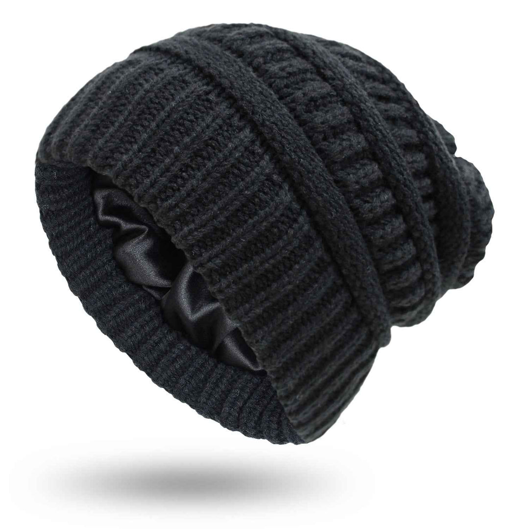 Warm Woolen Knit Satin Hats for Women's Protective Hairstyles Black One size