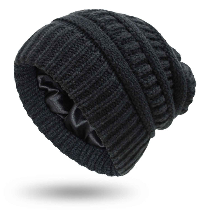 Warm Woolen Knit Satin Hats for Women's Protective Hairstyles Black One size