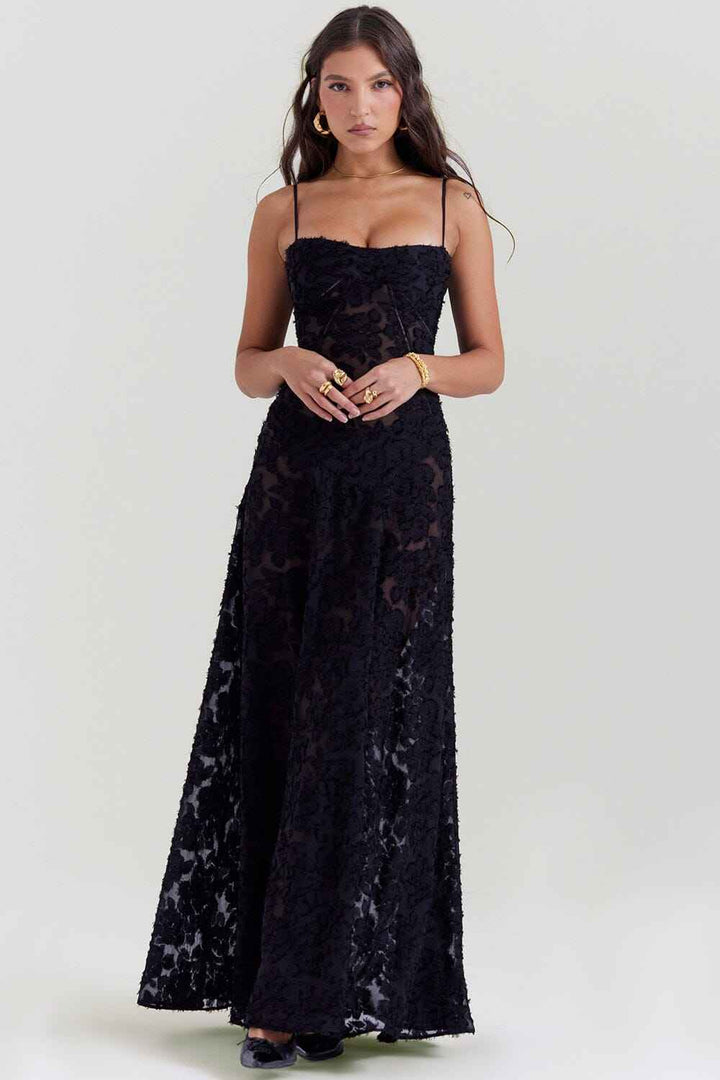 Women's Floral Maxi Dress – Slim Fit – Lightweight Fabric – Spaghetti Straps Black