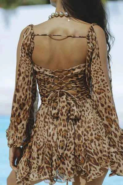 Women's A-Line Dress - Deep V-Neck, Long Sleeves, Ruffled Hem, Elastic Waist