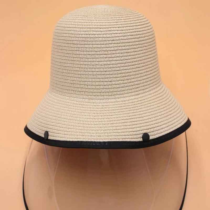 Contrast Trim Straw Hat With Detachable Face Shield