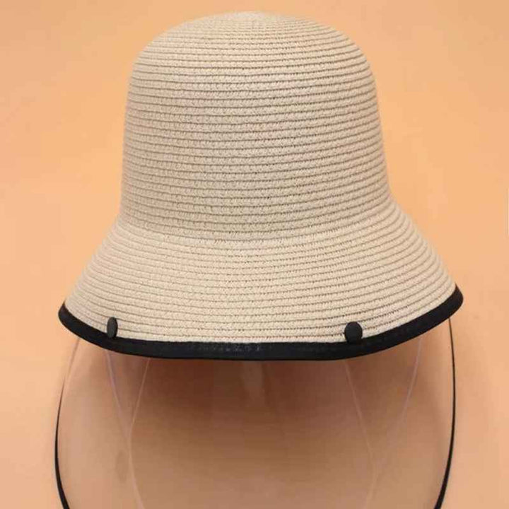 Contrast Trim Straw Hat With Detachable Face Shield