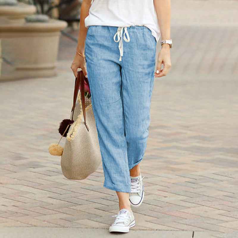 Women's Drawstring Casual Ankle Pants Blue