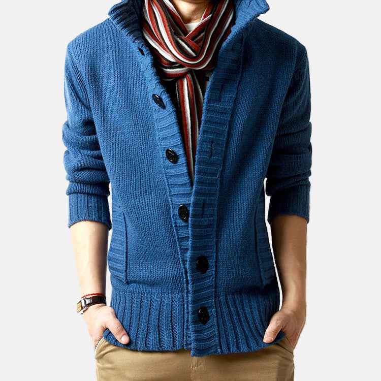 Men's Chunky Knit Cozy Cardigan – Stand Collar, Button Front, Relaxed Fit Blue