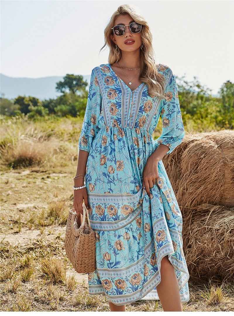 Women's Bohemian Floral Maxi Dress – V-Neck, Three-Quarter Sleeve, Fitted Blue