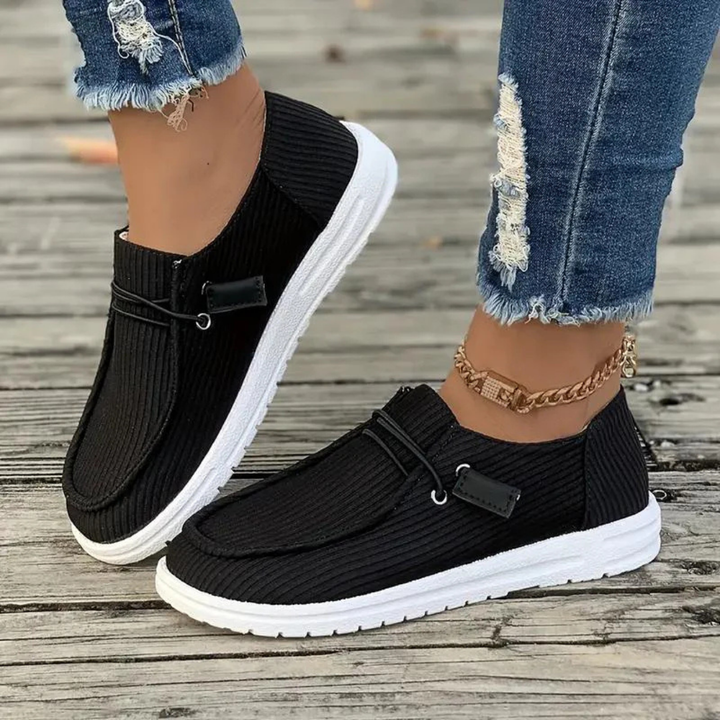 Women's Casual Corduroy Slip-On Sneakers with Laces Black