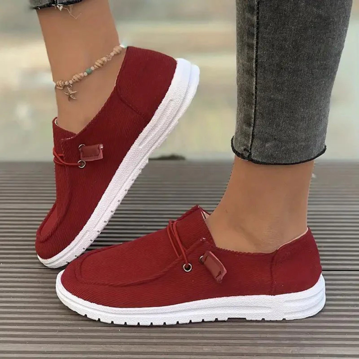 Women's Casual Corduroy Slip-On Sneakers with Laces Red