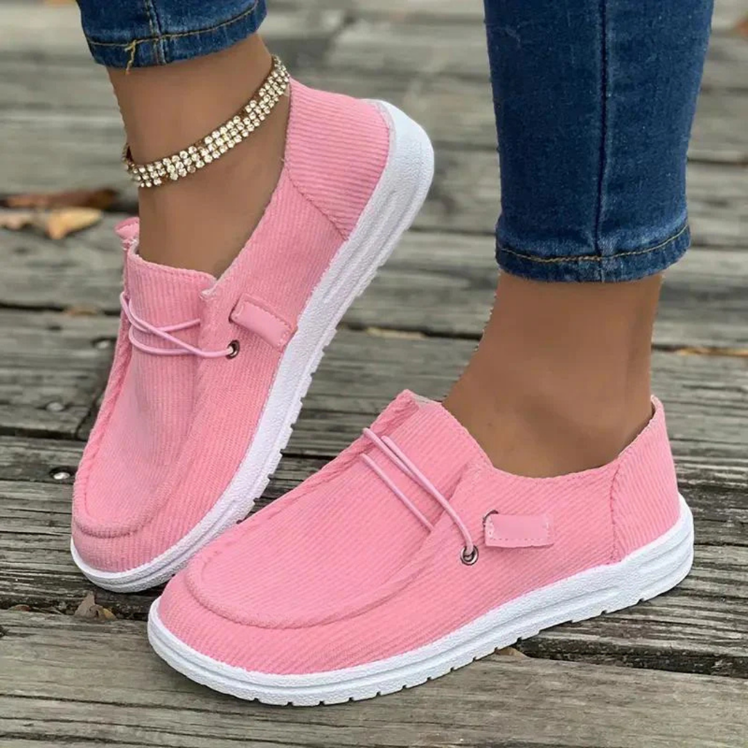 Women's Casual Corduroy Slip-On Sneakers with Laces Pink