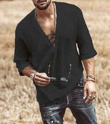 Men's Relaxed Fit Shirt – Breathable V-Neck with Lace-Up Black
