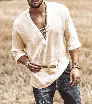 Men's Relaxed Fit Shirt – Breathable V-Neck with Lace-Up Apricot