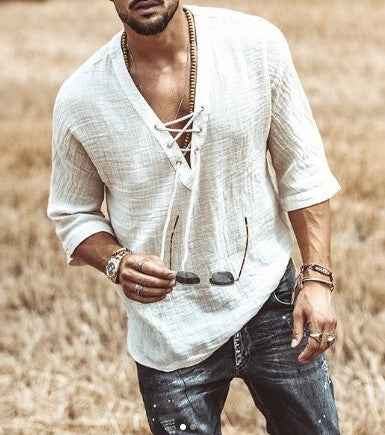 Men's Relaxed Fit Shirt – Breathable V-Neck with Lace-Up White