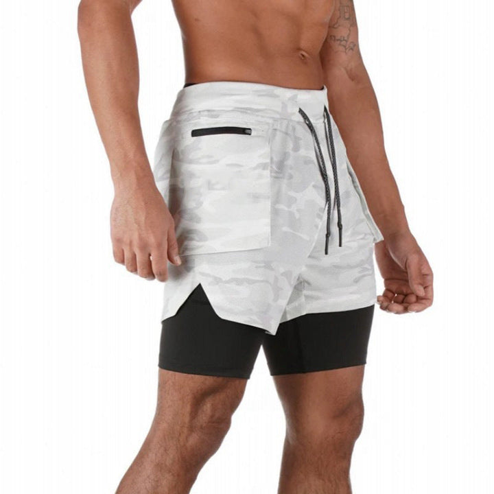 Men's Mid-Length Sport Shorts – Double Layer with Compression Inner – Breathable Design White