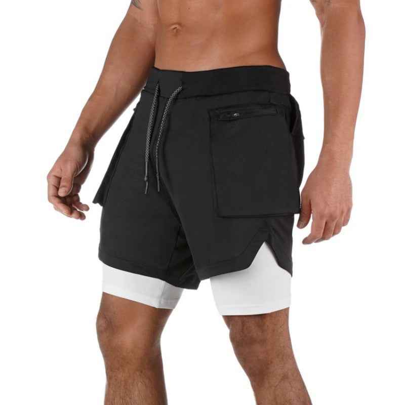Men's Mid-Length Sport Shorts – Double Layer with Compression Inner – Breathable Design Black
