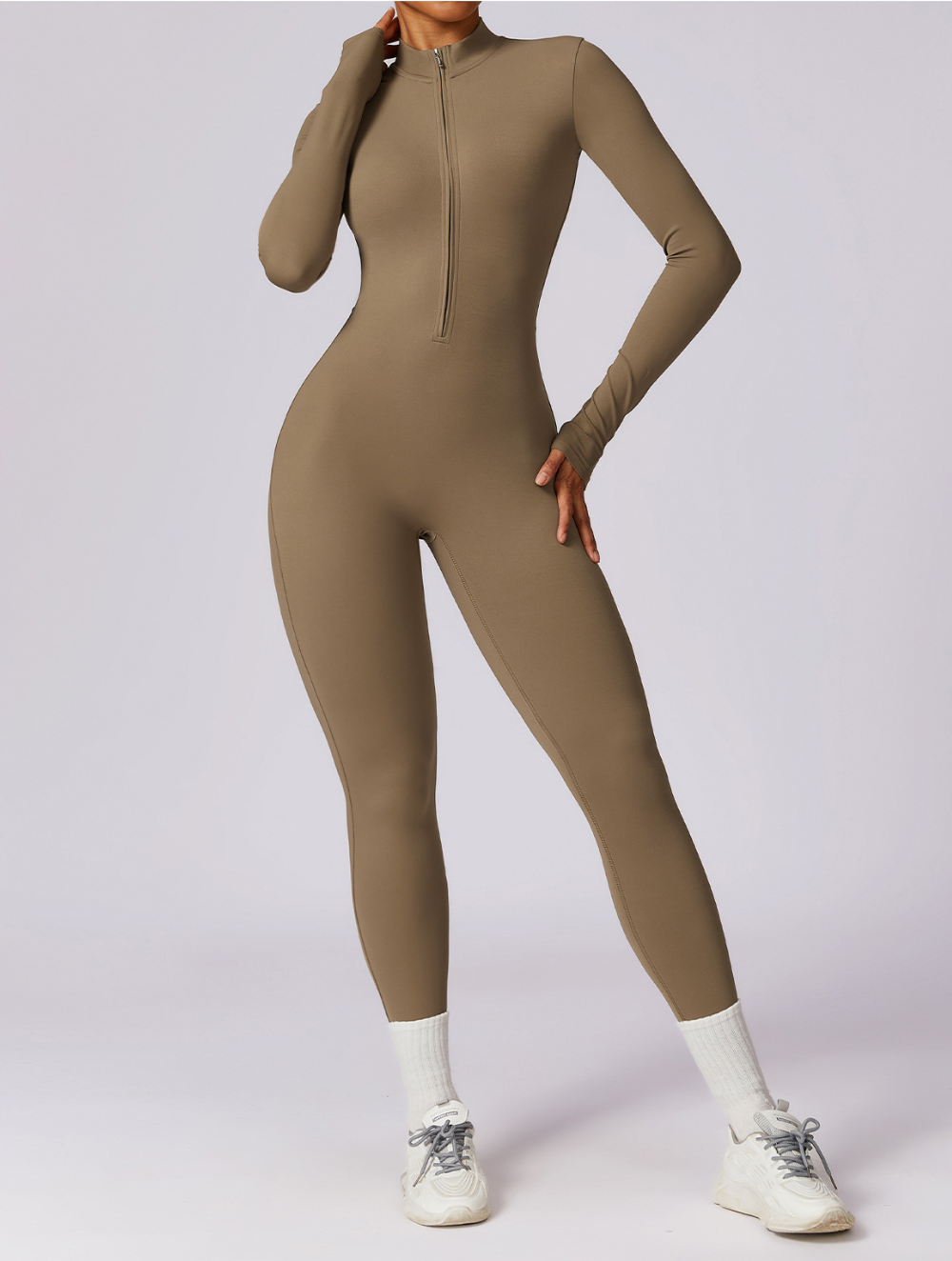 Women's Long Sleeve Shaping Yoga Fitness Jumpsuit Coffee