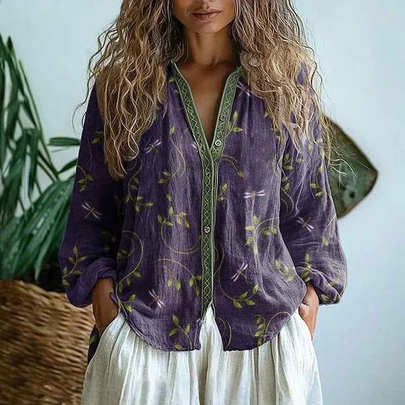 Women's Floral Print V-Neck Blouse in Vintage Style Purple