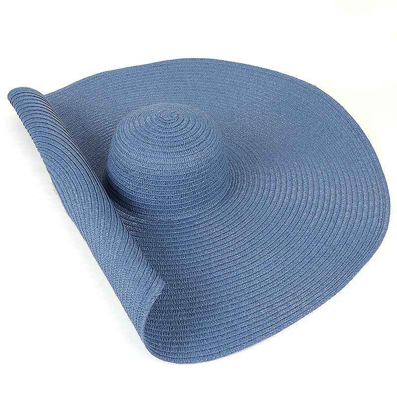Oversized 25CM Wide Brim Straw Beach Hat for Women - UV Protection & Sun Safety Blue
