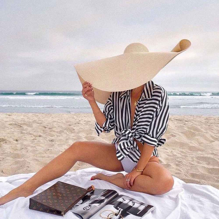Oversized 25CM Wide Brim Straw Beach Hat for Women - UV Protection & Sun Safety