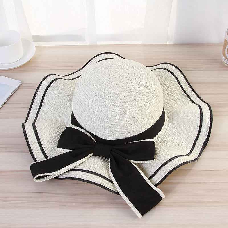 Summer Sun Hat Women Straw Hats Sunshade Panama Fashion Bow Beach Hat Foldable Travel Caps White