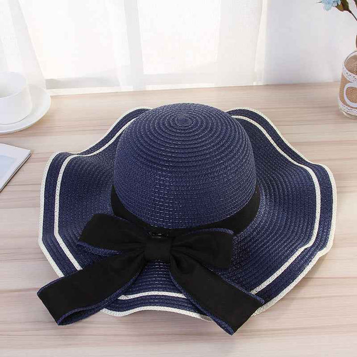 Summer Sun Hat Women Straw Hats Sunshade Panama Fashion Bow Beach Hat Foldable Travel Caps Navy Blue