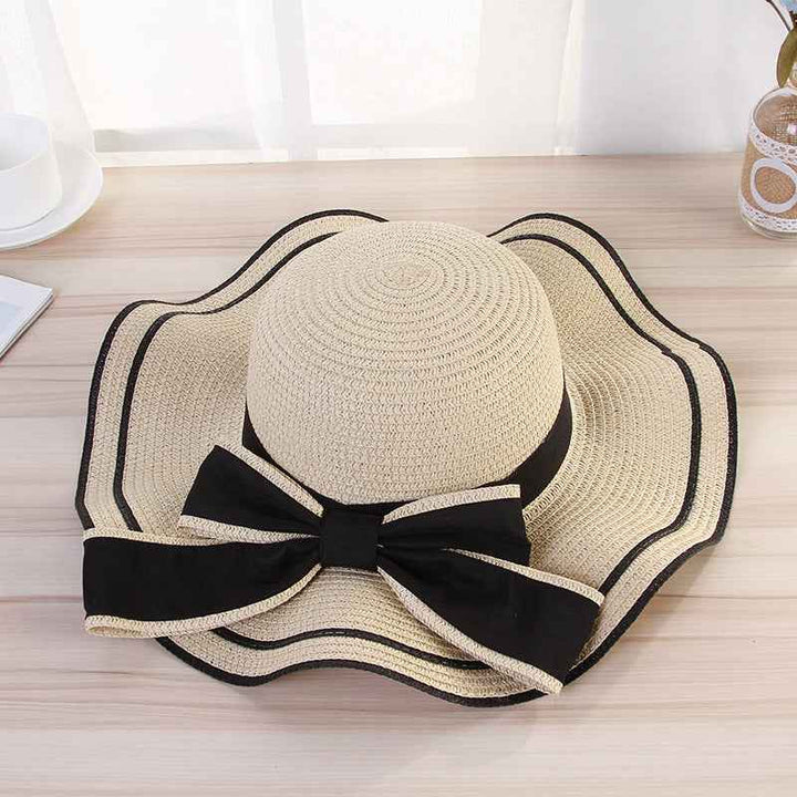 Summer Sun Hat Women Straw Hats Sunshade Panama Fashion Bow Beach Hat Foldable Travel Caps Beige