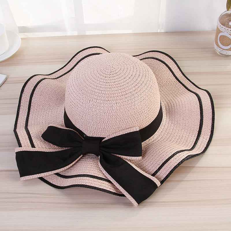 Summer Sun Hat Women Straw Hats Sunshade Panama Fashion Bow Beach Hat Foldable Travel Caps Pink