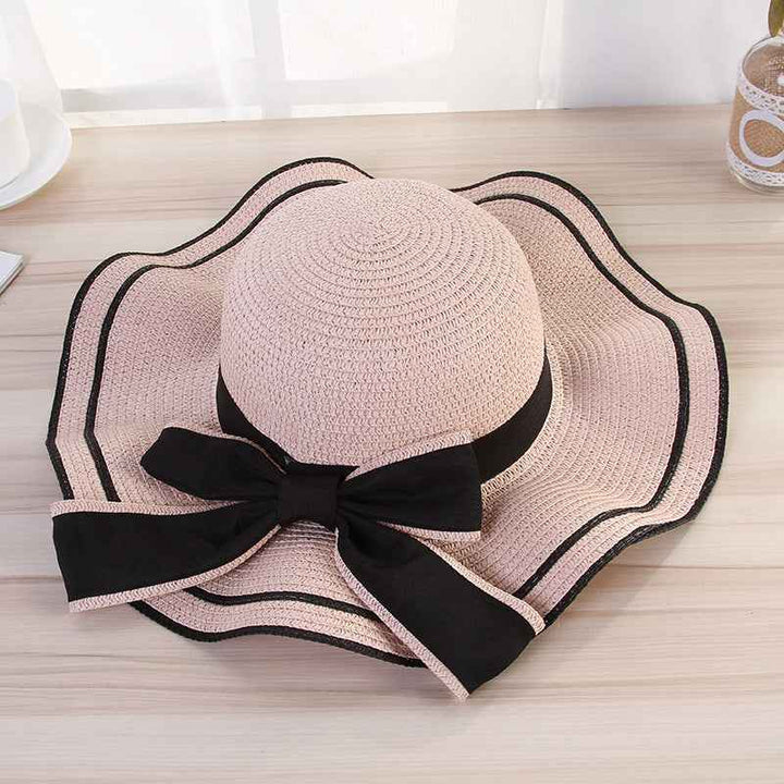 Summer Sun Hat Women Straw Hats Sunshade Panama Fashion Bow Beach Hat Foldable Travel Caps Pink