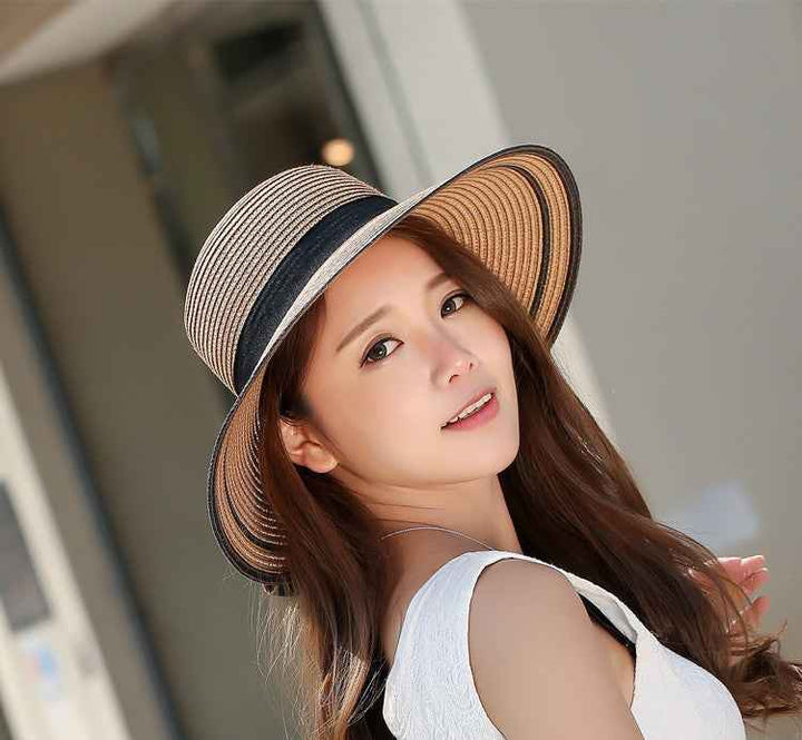 Sun Hat Big Black Bow Summer Hats For Women Foldable Straw Beach Panama Hat Visor Wide Brim Femme Female New Khaki M 56X58cm