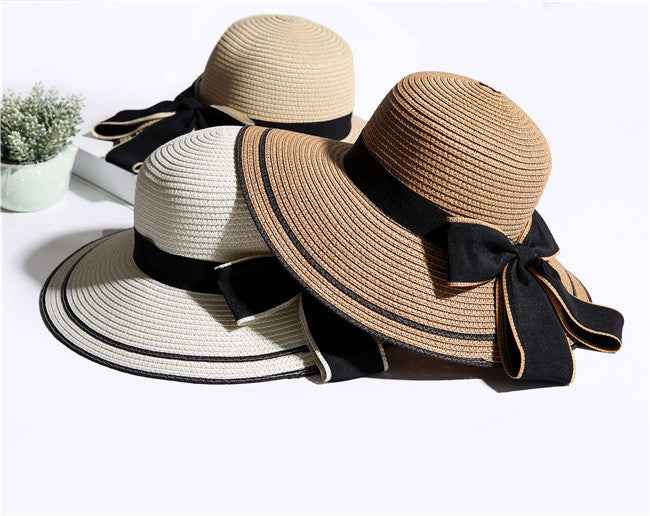 Sun Hat Big Black Bow Summer Hats For Women Foldable Straw Beach Panama Hat Visor Wide Brim Femme Female New Cream colored M 56X58cm