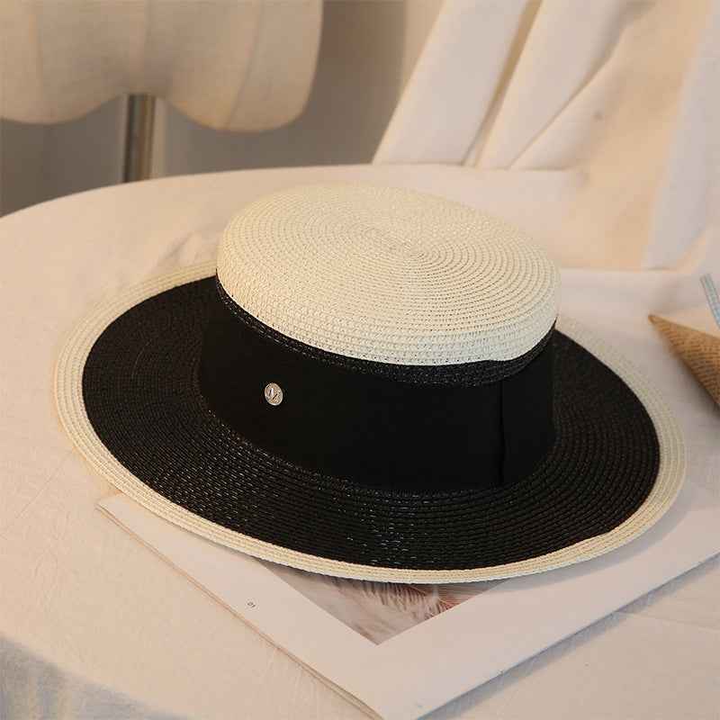 Summer Retro Women’s Breathable Straw Hat with Flower Detail for Beach Days Black brim fight white2 M 56 58cm
