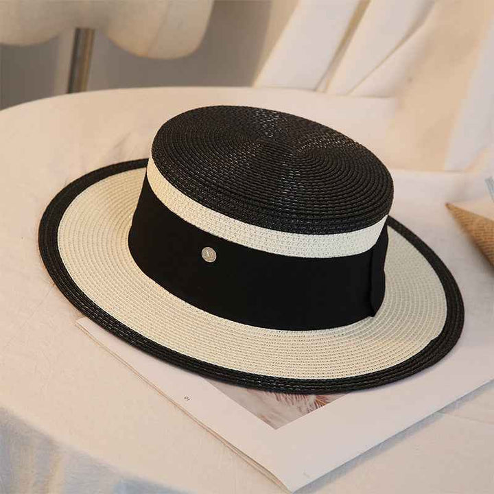 Summer Retro Women’s Breathable Straw Hat with Flower Detail for Beach Days White brim fight black M 56 58cm