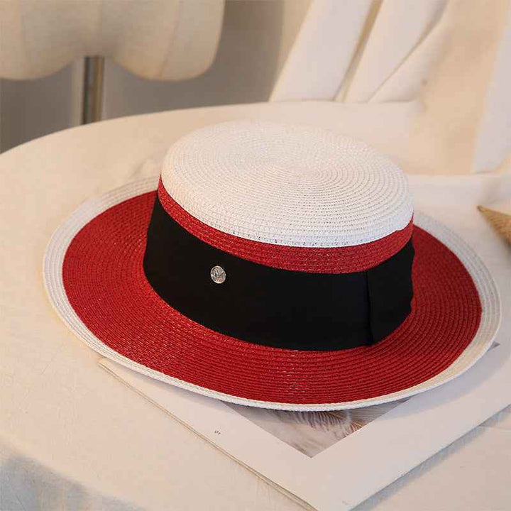 Summer Retro Women’s Breathable Straw Hat with Flower Detail for Beach Days Red M 56 58cm