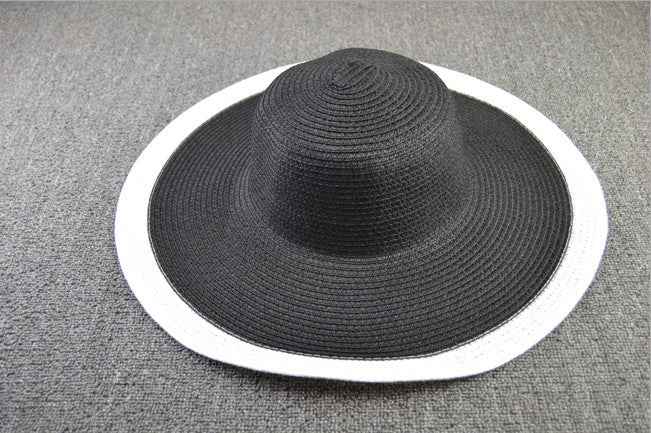 Oversized 25CM Wide Brim Straw Beach Hat for Women - UV Protection & Sun Safety Black white