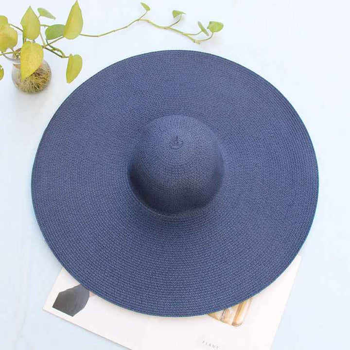 Oversized 25CM Wide Brim Straw Beach Hat for Women - UV Protection & Sun Safety Navy Blue
