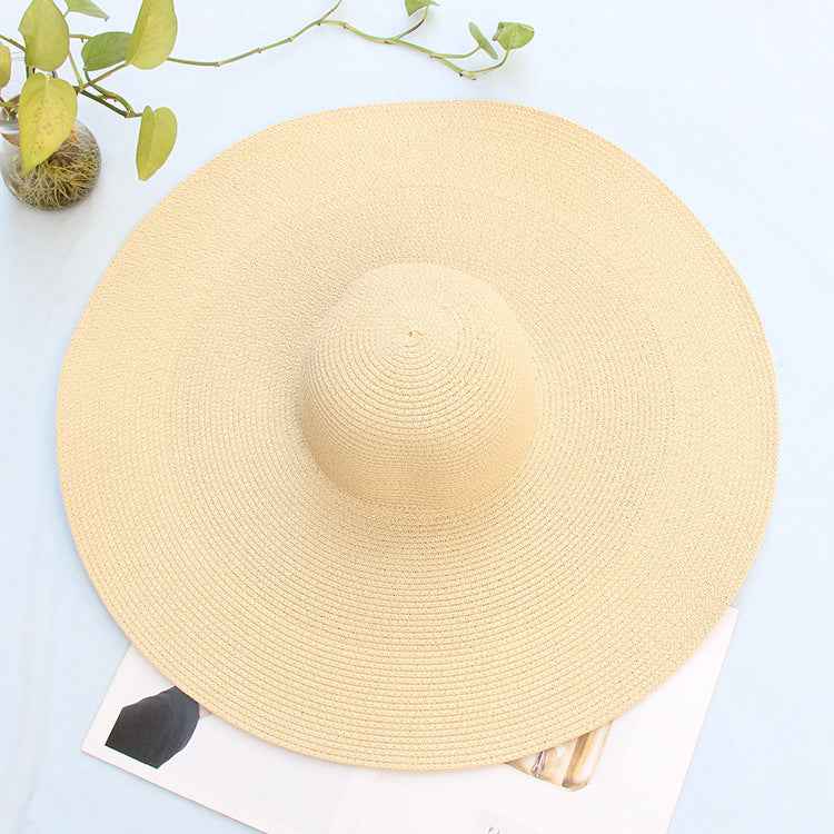 Oversized 25CM Wide Brim Straw Beach Hat for Women - UV Protection & Sun Safety Beige