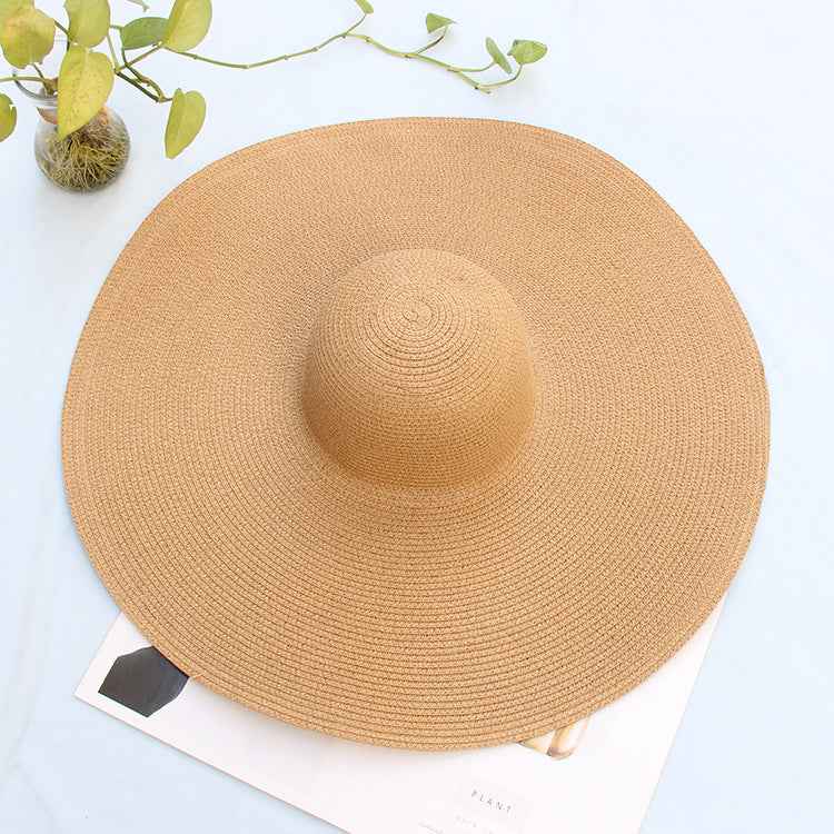 Oversized 25CM Wide Brim Straw Beach Hat for Women - UV Protection & Sun Safety Khaki